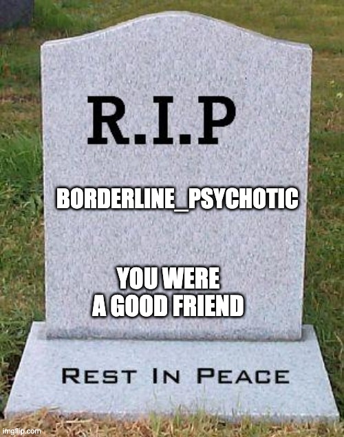 I heard something happened to Borderline, All her images became anonymous, & her comments say [Deleted] | BORDERLINE_PSYCHOTIC; YOU WERE A GOOD FRIEND | image tagged in rip headstone | made w/ Imgflip meme maker