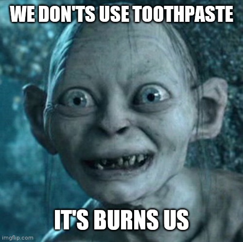 Gollum Meme | WE DON'TS USE TOOTHPASTE; IT'S BURNS US | image tagged in memes,gollum | made w/ Imgflip meme maker