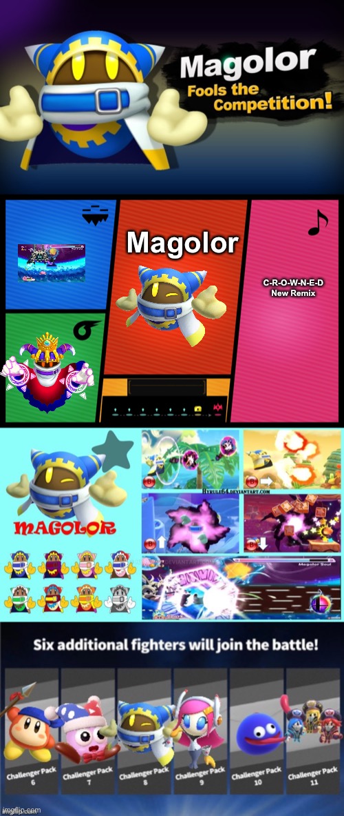 Bravo, Magolor. Your work getting in Smash was invaluable. | Magolor; C-R-O-W-N-E-D
New Remix | image tagged in magolor,fighters pass | made w/ Imgflip meme maker