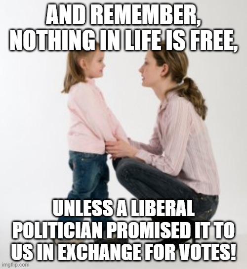 Were not brought up to believe that nothing in life is free? | AND REMEMBER, NOTHING IN LIFE IS FREE, UNLESS A LIBERAL POLITICIAN PROMISED IT TO US IN EXCHANGE FOR VOTES! | image tagged in parenting raising children girl asking mommy why discipline demo,socialism,democrats,republicans,politics | made w/ Imgflip meme maker