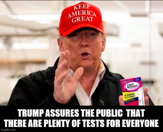 He's Got This.... | TRUMP ASSURES THE PUBLIC  THAT THERE ARE PLENTY OF TESTS FOR EVERYONE | image tagged in coronavirus,trump is a moron,donald trump,donald trump is an idiot | made w/ Imgflip meme maker