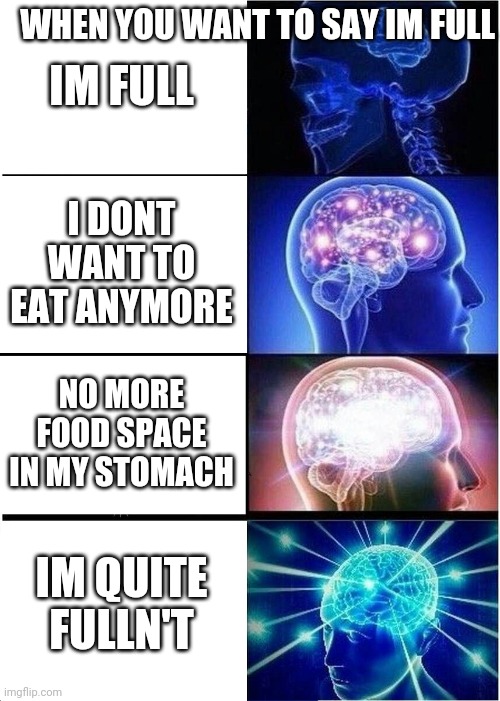 Expanding Brain Meme | WHEN YOU WANT TO SAY IM FULL; IM FULL; I DONT WANT TO EAT ANYMORE; NO MORE FOOD SPACE IN MY STOMACH; IM QUITE FULLN'T | image tagged in memes,expanding brain | made w/ Imgflip meme maker