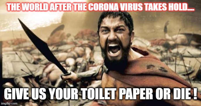 Corona & Toilet Paper | THE WORLD AFTER THE CORONA VIRUS TAKES HOLD.... GIVE US YOUR TOILET PAPER OR DIE ! | image tagged in memes,sparta leonidas,coronavirus,toilet,toilet humor,no more toilet paper | made w/ Imgflip meme maker