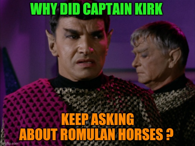 romulan commander 01 star trek | WHY DID CAPTAIN KIRK; KEEP ASKING ABOUT ROMULAN HORSES ? | image tagged in romulan commander 01 star trek | made w/ Imgflip meme maker