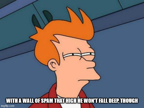 Futurama Fry Meme | WITH A WALL OF SPAM THAT HIGH HE WON'T FALL DEEP, THOUGH | image tagged in memes,futurama fry | made w/ Imgflip meme maker