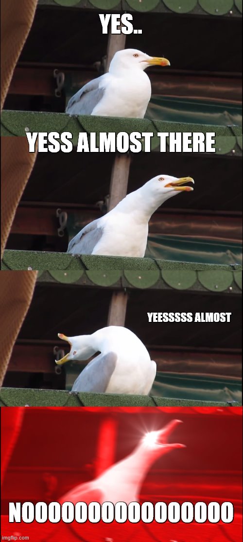 Inhaling Seagull | YES.. YESS ALMOST THERE; YEESSSSS ALMOST; NOOOOOOOOOOOOOOOO | image tagged in memes,inhaling seagull | made w/ Imgflip meme maker