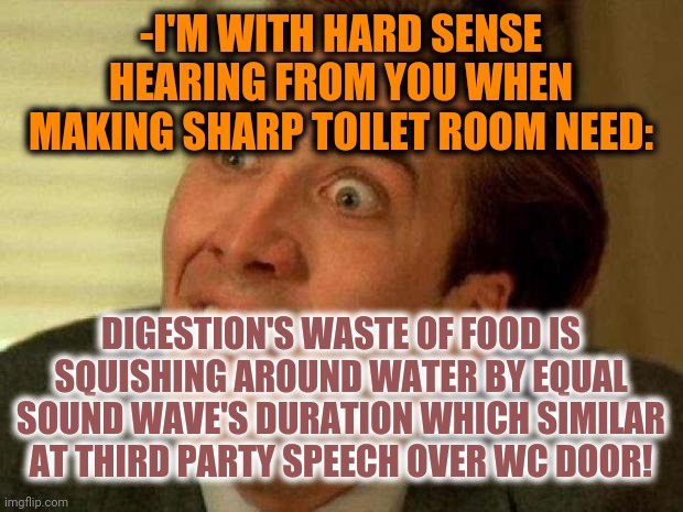 -Trying to look over gentle manners in restaurants lobby. | -I'M WITH HARD SENSE HEARING FROM YOU WHEN MAKING SHARP TOILET ROOM NEED:; DIGESTION'S WASTE OF FOOD IS SQUISHING AROUND WATER BY EQUAL SOUND WAVE'S DURATION WHICH SIMILAR AT THIRD PARTY SPEECH OVER WC DOOR! | image tagged in nicolas cage,toilet humor,hearing,need,not sure if,pooping | made w/ Imgflip meme maker