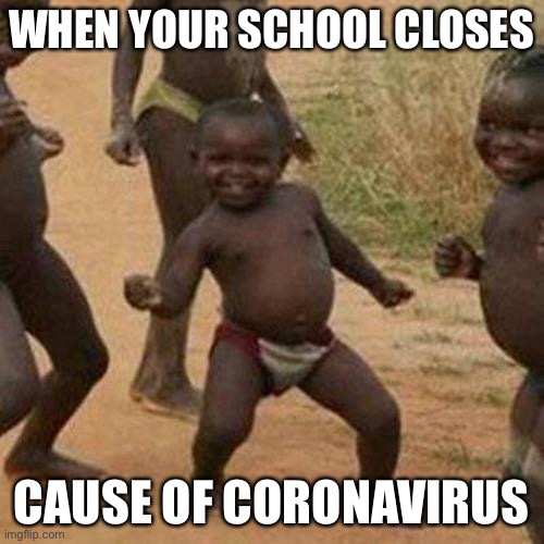 Coronavirus Schools | WHEN YOUR SCHOOL CLOSES; CAUSE OF CORONAVIRUS | image tagged in memes,third world success kid | made w/ Imgflip meme maker