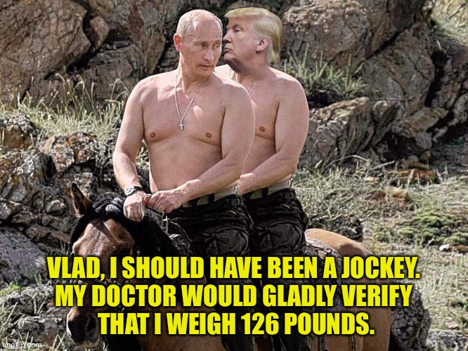 Putin Trump on Horse | VLAD, I SHOULD HAVE BEEN A JOCKEY.
MY DOCTOR WOULD GLADLY VERIFY
 THAT I WEIGH 126 POUNDS. | image tagged in putin trump on horse | made w/ Imgflip meme maker