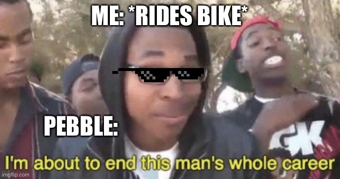 I’m about to end this man’s whole career | ME: *RIDES BIKE*; PEBBLE: | image tagged in im about to end this mans whole career | made w/ Imgflip meme maker