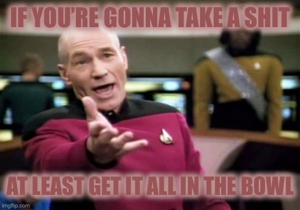 Picard Wtf | IF YOU’RE GONNA TAKE A SHIT; AT LEAST GET IT ALL IN THE BOWL | image tagged in memes,picard wtf | made w/ Imgflip meme maker