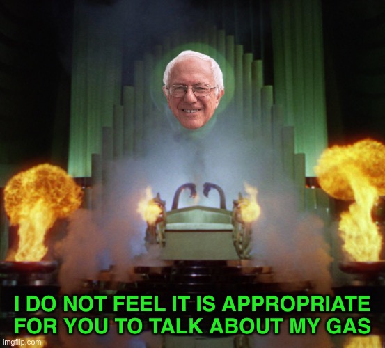 Wizard of Oz Bernie | I DO NOT FEEL IT IS APPROPRIATE FOR YOU TO TALK ABOUT MY GAS | image tagged in wizard of oz bernie | made w/ Imgflip meme maker