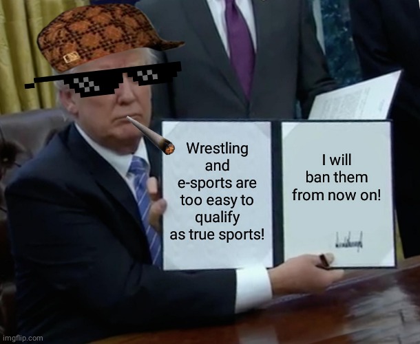 Trump Bill Signing | Wrestling and e-sports are too easy to qualify as true sports! I will ban them from now on! | image tagged in memes,trump bill signing | made w/ Imgflip meme maker