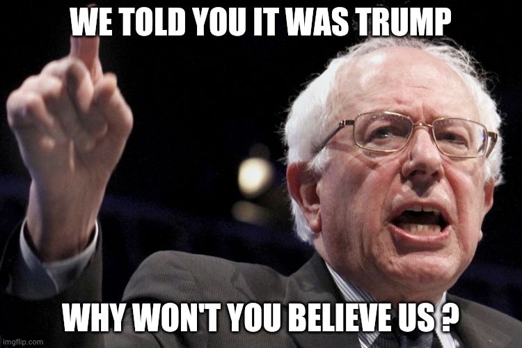 Bernie Sanders | WE TOLD YOU IT WAS TRUMP WHY WON'T YOU BELIEVE US ? | image tagged in bernie sanders | made w/ Imgflip meme maker