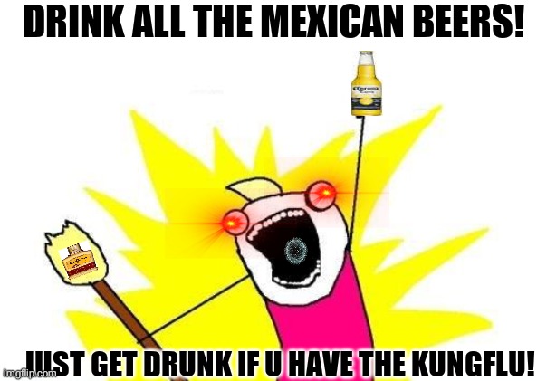 X All The Y | DRINK ALL THE MEXICAN BEERS! JUST GET DRUNK IF U HAVE THE KUNGFLU! | image tagged in memes,x all the y | made w/ Imgflip meme maker