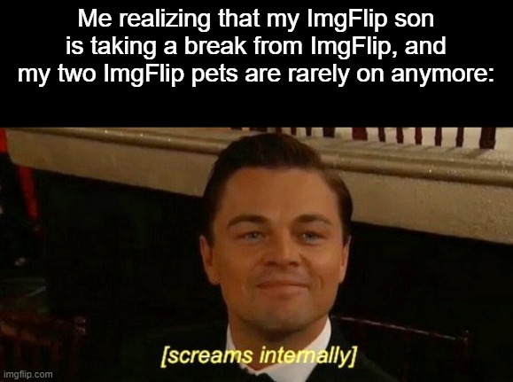 What happened to ImgFamily? | Me realizing that my ImgFlip son is taking a break from ImgFlip, and my two ImgFlip pets are rarely on anymore: | image tagged in screams internally leo,sadness | made w/ Imgflip meme maker
