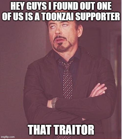 Face You Make Robert Downey Jr | HEY GUYS I FOUND OUT ONE OF US IS A TOONZAI SUPPORTER; THAT TRAITOR | image tagged in memes,face you make robert downey jr | made w/ Imgflip meme maker