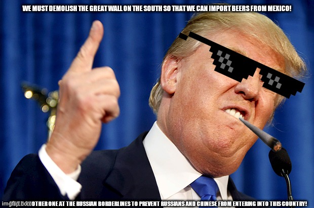 Donald Trump | WE MUST DEMOLISH THE GREAT WALL ON THE SOUTH SO THAT WE CAN IMPORT BEERS FROM MEXICO! BUILD ANOTHER ONE AT THE RUSSIAN BORDERLINES TO PREVENT RUSSIANS AND CHINESE FROM ENTERING INTO THIS COUNTRY! | image tagged in donald trump | made w/ Imgflip meme maker