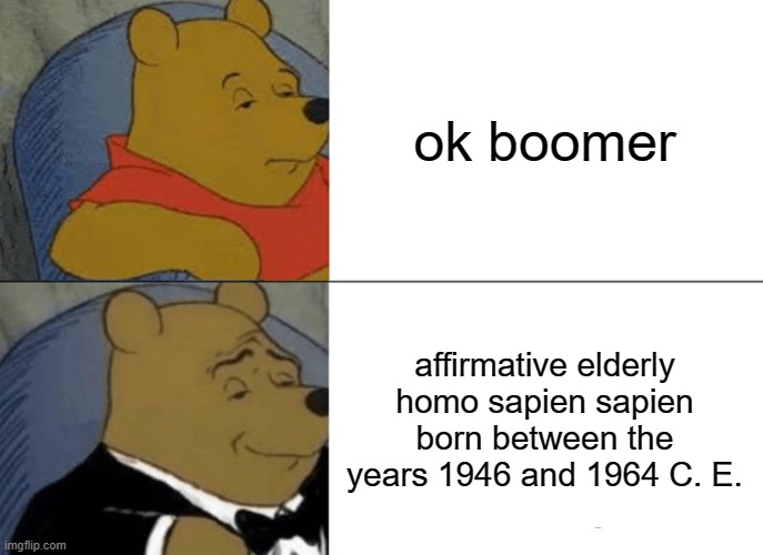 I know the meme is dead but... | ok boomer; affirmative elderly homo sapien sapien born between the years 1946 and 1964 C. E. | image tagged in memes,tuxedo winnie the pooh,ok boomer,dead memes | made w/ Imgflip meme maker