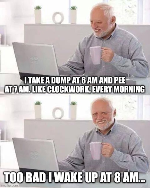 Hide the pain, Harold. And wash your underwear... | I TAKE A DUMP AT 6 AM AND PEE AT 7 AM. LIKE CLOCKWORK, EVERY MORNING; TOO BAD I WAKE UP AT 8 AM... | image tagged in memes,hide the pain harold | made w/ Imgflip meme maker