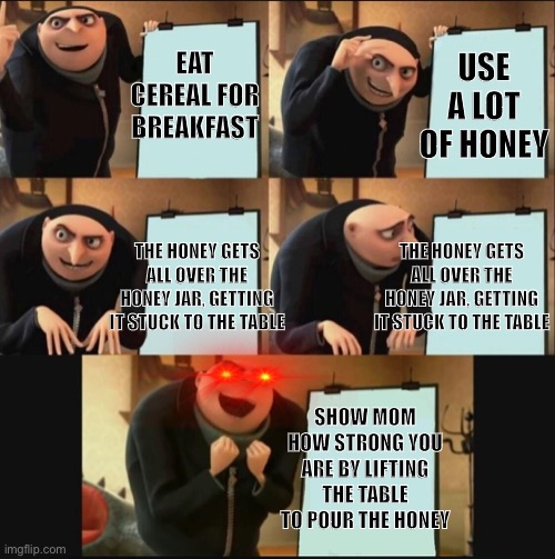 Gru plan |  USE A LOT OF HONEY; EAT CEREAL FOR BREAKFAST; THE HONEY GETS ALL OVER THE HONEY JAR, GETTING IT STUCK TO THE TABLE; THE HONEY GETS ALL OVER THE HONEY JAR, GETTING IT STUCK TO THE TABLE; SHOW MOM HOW STRONG YOU ARE BY LIFTING THE TABLE TO POUR THE HONEY | image tagged in gru plan | made w/ Imgflip meme maker