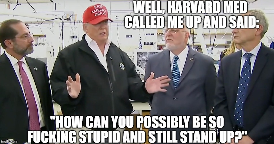 WELL, HARVARD MED 
CALLED ME UP AND SAID:; "HOW CAN YOU POSSIBLY BE SO FUCKING STUPID AND STILL STAND UP?" | image tagged in donald trump | made w/ Imgflip meme maker