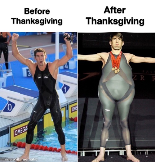 image tagged in michael phelps,thanksgiving,fat,before and after thanksgiving | made w/ Imgflip meme maker