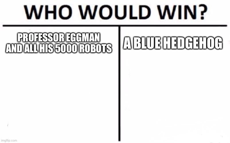 Who Would Win? Meme | PROFESSOR EGGMAN AND ALL HIS 5000 ROBOTS; A BLUE HEDGEHOG | image tagged in memes,who would win | made w/ Imgflip meme maker