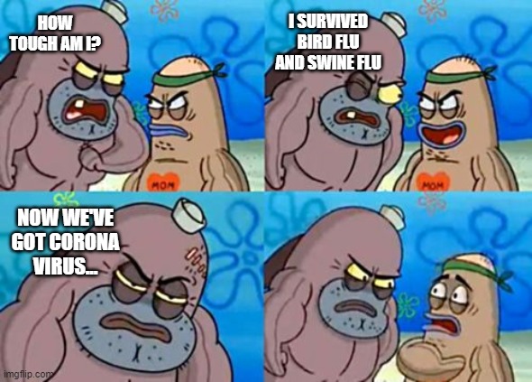 Corona Virus.... | I SURVIVED BIRD FLU AND SWINE FLU; HOW TOUGH AM I? NOW WE'VE GOT CORONA VIRUS... | image tagged in memes,how tough are you,coronavirus | made w/ Imgflip meme maker