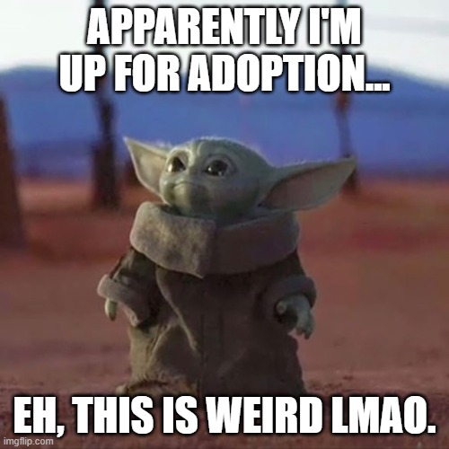 Baby Yoda | APPARENTLY I'M UP FOR ADOPTION... EH, THIS IS WEIRD LMAO. | image tagged in baby yoda | made w/ Imgflip meme maker