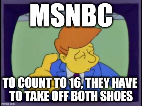 MSNBC, a bunch of morons | MSNBC; TO COUNT TO 16, THEY HAVE 
TO TAKE OFF BOTH SHOES | image tagged in can't do basic aritmetic,msnbc,media morons,liberal idiots | made w/ Imgflip meme maker