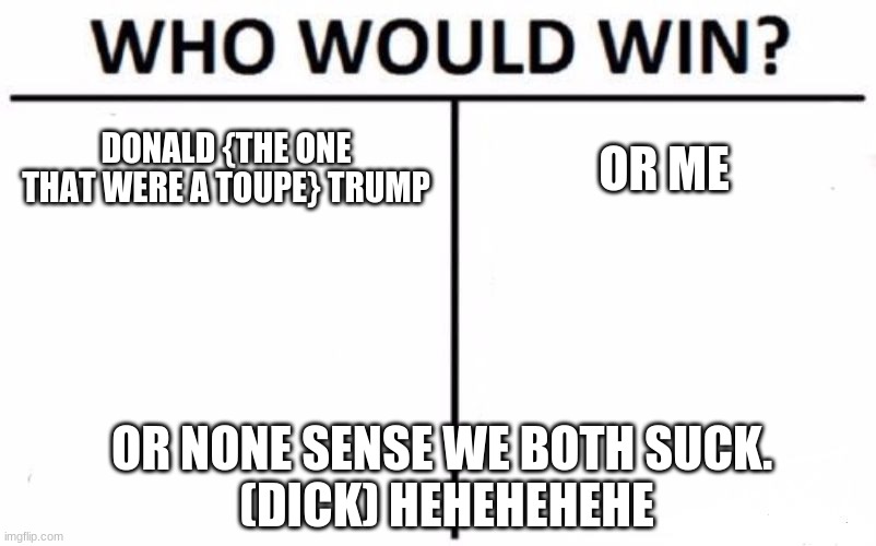 Who Would Win? Meme | DONALD {THE ONE THAT WERE A TOUPE} TRUMP; OR ME; OR NONE SENSE WE BOTH SUCK. 
(DICK) HEHEHEHEHE | image tagged in memes,who would win | made w/ Imgflip meme maker