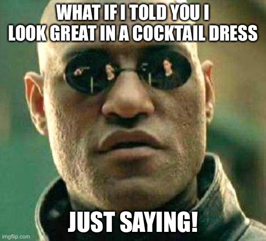 What if i told you | WHAT IF I TOLD YOU I LOOK GREAT IN A COCKTAIL DRESS; JUST SAYING! | image tagged in what if i told you | made w/ Imgflip meme maker