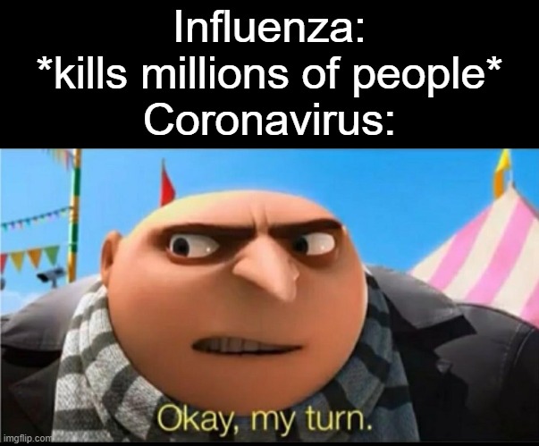 Too soon? | Influenza: *kills millions of people*
Coronavirus: | image tagged in my turn,too soon,coronavirus,flu,death | made w/ Imgflip meme maker
