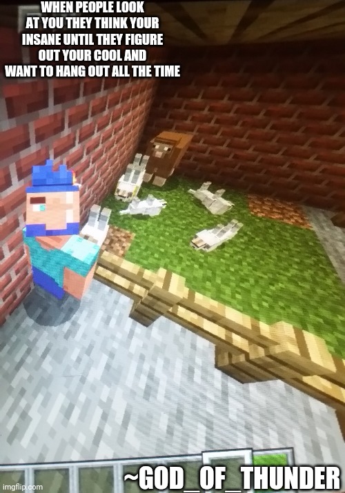 I broke minecraft | WHEN PEOPLE LOOK AT YOU THEY THINK YOUR INSANE UNTIL THEY FIGURE OUT YOUR COOL AND WANT TO HANG OUT ALL THE TIME; ~GOD_OF_THUNDER | image tagged in i broke minecraft | made w/ Imgflip meme maker