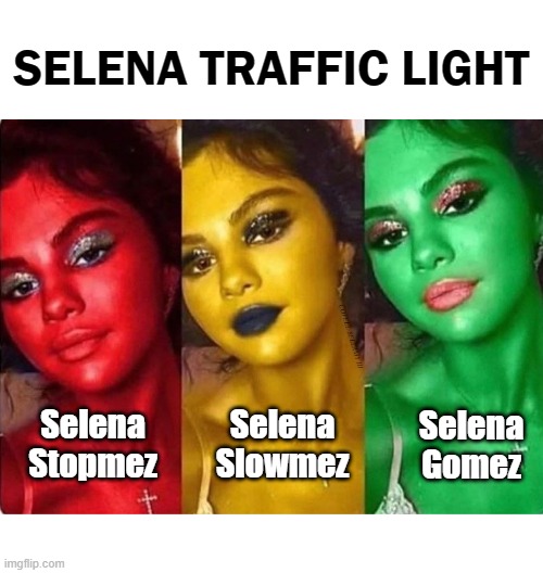 SELENA TRAFFIC LIGHT; COVELL BELLAMY III; Selena Stopmez; Selena Slowmez; Selena Gomez | image tagged in selena gomez traffic light | made w/ Imgflip meme maker