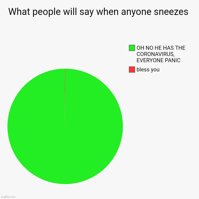 another coronavrius meme, so original | What people will say when anyone sneezes | bless you, OH NO HE HAS THE CORONAVIRUS, EVERYONE PANIC | image tagged in charts,pie charts,sneezing,coronavirus | made w/ Imgflip chart maker