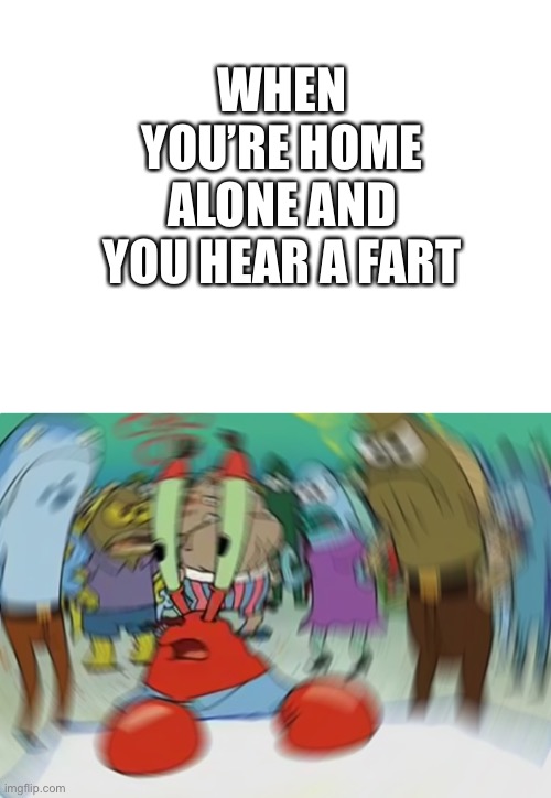 WHEN YOU’RE HOME ALONE AND YOU HEAR A FART | image tagged in blank white template,memes,mr krabs blur meme | made w/ Imgflip meme maker