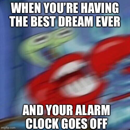 Mr krabs blur | WHEN YOU’RE HAVING THE BEST DREAM EVER; AND YOUR ALARM CLOCK GOES OFF | image tagged in mr krabs blur | made w/ Imgflip meme maker
