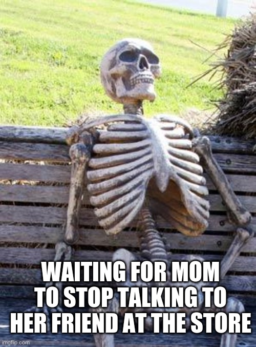 Waiting Skeleton Meme | WAITING FOR MOM TO STOP TALKING TO HER FRIEND AT THE STORE | image tagged in memes,waiting skeleton | made w/ Imgflip meme maker