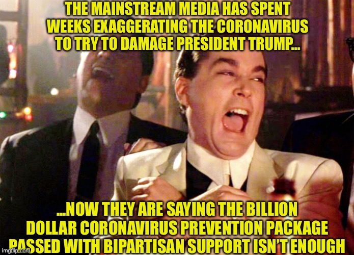 They aren’t news networks, they are propaganda outlets. | THE MAINSTREAM MEDIA HAS SPENT WEEKS EXAGGERATING THE CORONAVIRUS TO TRY TO DAMAGE PRESIDENT TRUMP... ...NOW THEY ARE SAYING THE BILLION DOLLAR CORONAVIRUS PREVENTION PACKAGE PASSED WITH BIPARTISAN SUPPORT ISN’T ENOUGH | image tagged in memes,good fellas hilarious,mainstream media,liberal media,president trump | made w/ Imgflip meme maker