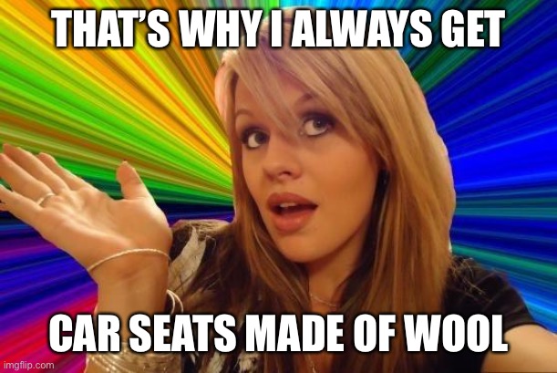 Dumb Blonde Meme | THAT’S WHY I ALWAYS GET CAR SEATS MADE OF WOOL | image tagged in memes,dumb blonde | made w/ Imgflip meme maker