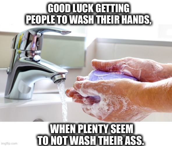 Washing Hands | GOOD LUCK GETTING PEOPLE TO WASH THEIR HANDS, WHEN PLENTY SEEM TO NOT WASH THEIR ASS. | image tagged in washing hands | made w/ Imgflip meme maker