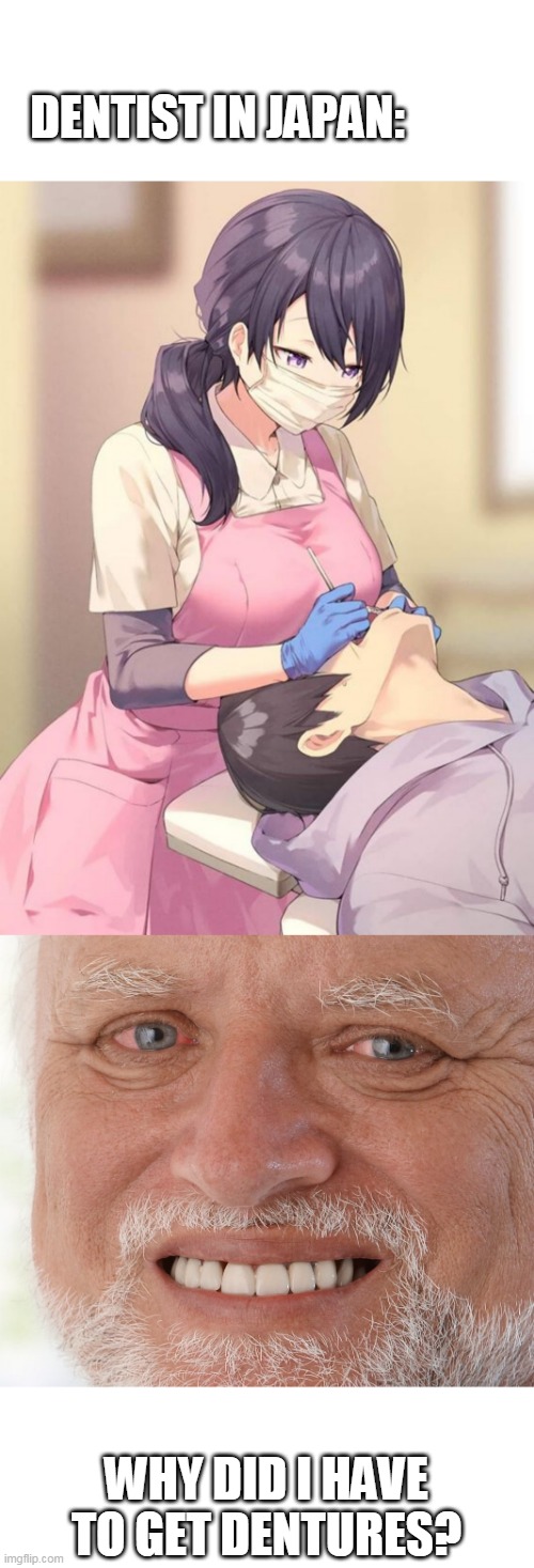 NEED TO MAKE AN APPOINTMENT | DENTIST IN JAPAN:; WHY DID I HAVE TO GET DENTURES? | image tagged in hide the pain harold,memes,dentist,anime,boobs | made w/ Imgflip meme maker