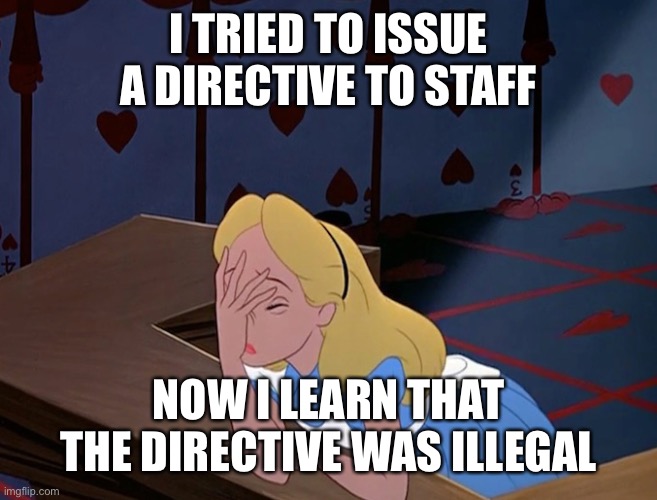 Alice in Wonderland Face Palm Facepalm | I TRIED TO ISSUE A DIRECTIVE TO STAFF; NOW I LEARN THAT THE DIRECTIVE WAS ILLEGAL | image tagged in alice in wonderland face palm facepalm,scumbag boss,law,bad boss,boss | made w/ Imgflip meme maker