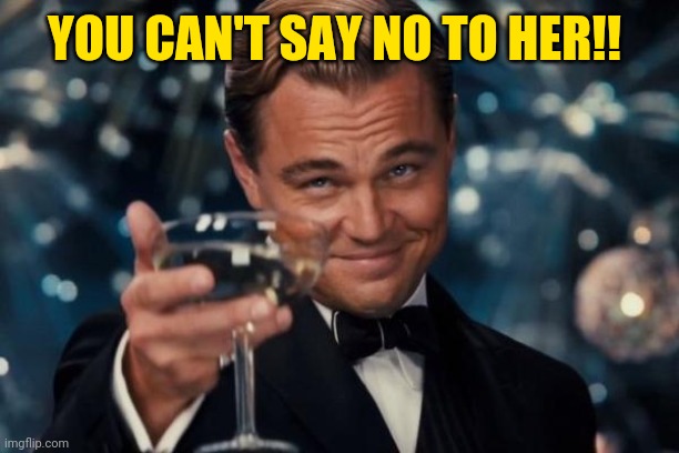 Leonardo Dicaprio Cheers Meme | YOU CAN'T SAY NO TO HER!! | image tagged in memes,leonardo dicaprio cheers | made w/ Imgflip meme maker