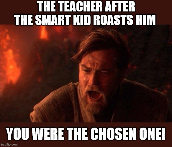 You Were The Chosen One (Star Wars) Meme | THE TEACHER AFTER THE SMART KID ROASTS HIM; YOU WERE THE CHOSEN ONE! | image tagged in memes,you were the chosen one star wars | made w/ Imgflip meme maker