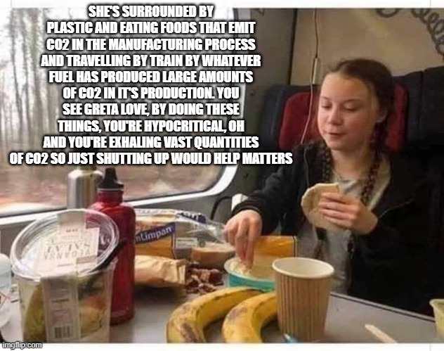 SHE'S SURROUNDED BY PLASTIC AND EATING FOODS THAT EMIT CO2 IN THE MANUFACTURING PROCESS AND TRAVELLING BY TRAIN BY WHATEVER FUEL HAS PRODUCED LARGE AMOUNTS OF CO2 IN IT'S PRODUCTION. YOU SEE GRETA LOVE, BY DOING THESE THINGS, YOU'RE HYPOCRITICAL, OH AND YOU'RE EXHALING VAST QUANTITIES OF CO2 SO JUST SHUTTING UP WOULD HELP MATTERS | image tagged in greta thunberg how dare you | made w/ Imgflip meme maker