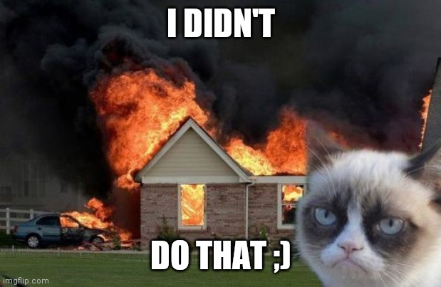 Burn Kitty | I DIDN'T; DO THAT ;) | image tagged in memes,burn kitty,grumpy cat | made w/ Imgflip meme maker