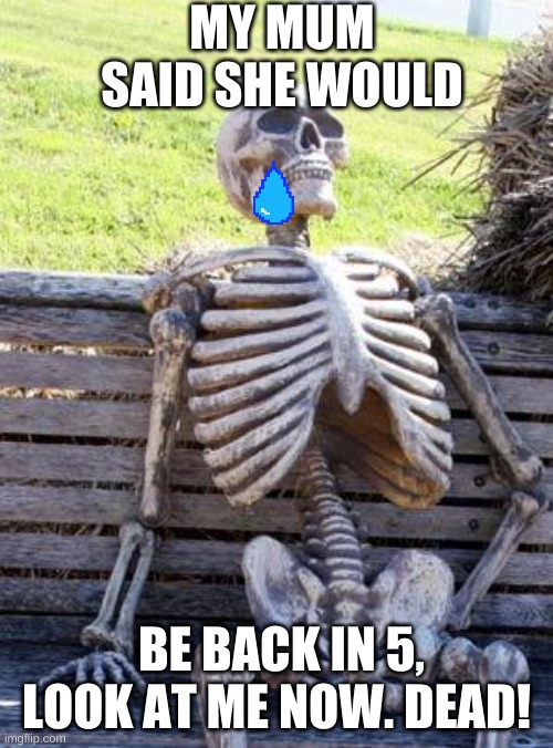 Waiting Skeleton | MY MUM SAID SHE WOULD; BE BACK IN 5, LOOK AT ME NOW. DEAD! | image tagged in memes,waiting skeleton | made w/ Imgflip meme maker
